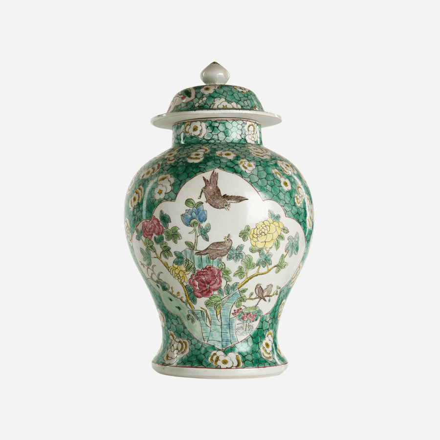 Antiques & Vintage Antique Polychrome Ginger Jar with Birds and Peonies