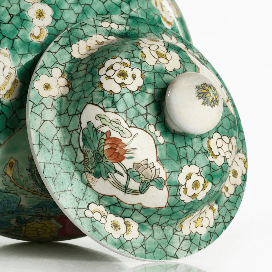 Bonadea Antique Polychrome Ginger Jar with Birds and Peonies