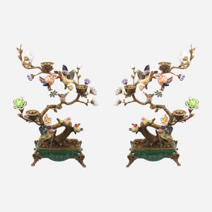 A Pair of Porcelain and Ormolu Bird Candelabras