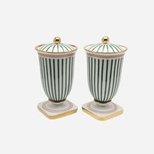 Load image into Gallery viewer, A Pair of Antique Green Striped Porcelain Urns
