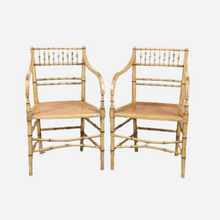 Load image into Gallery viewer, A Pair of Cream Painted Simulated Bamboo Elbow Chairs
